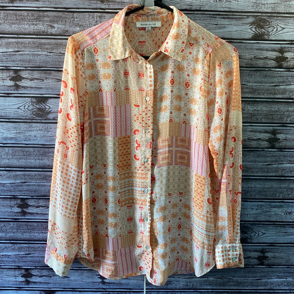 Rose + Olive Women's Long-Sleeved Button-Down Blouse Size M Off-White Orange